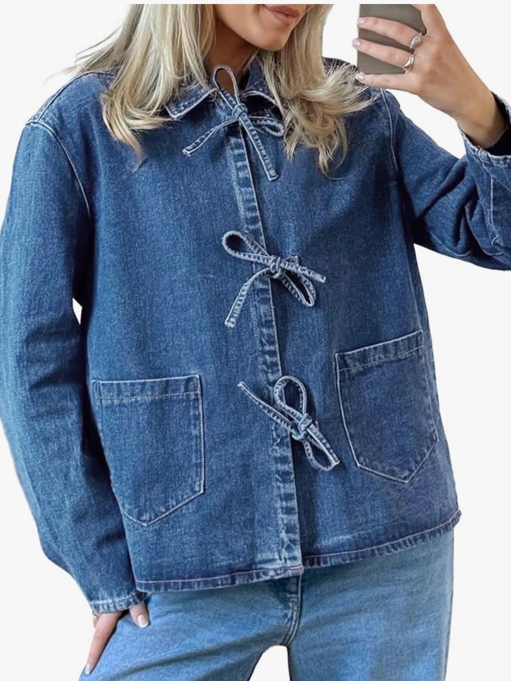 Light Wash Denim Tie Front Jacket Overshirt Women’s | Large
